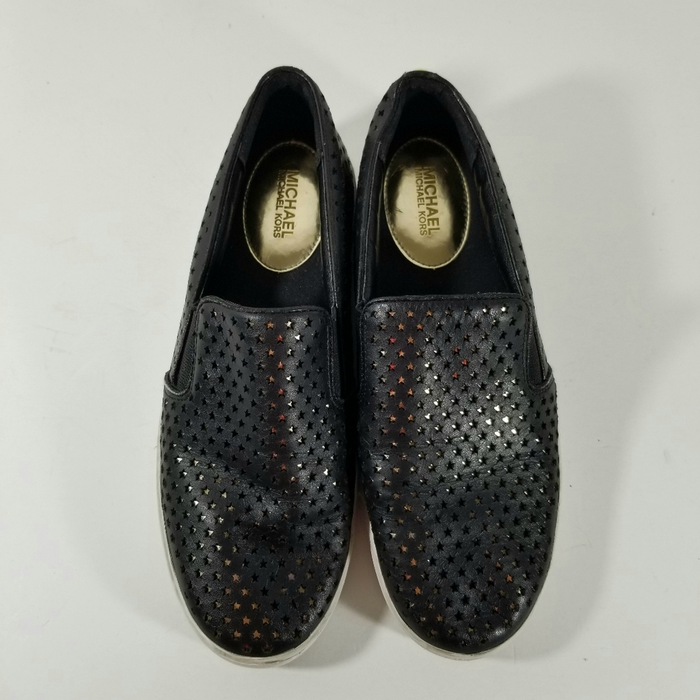 Michael Kors Keaton Sneakers Women's 7M Slip On Perforated Black Gold Leather